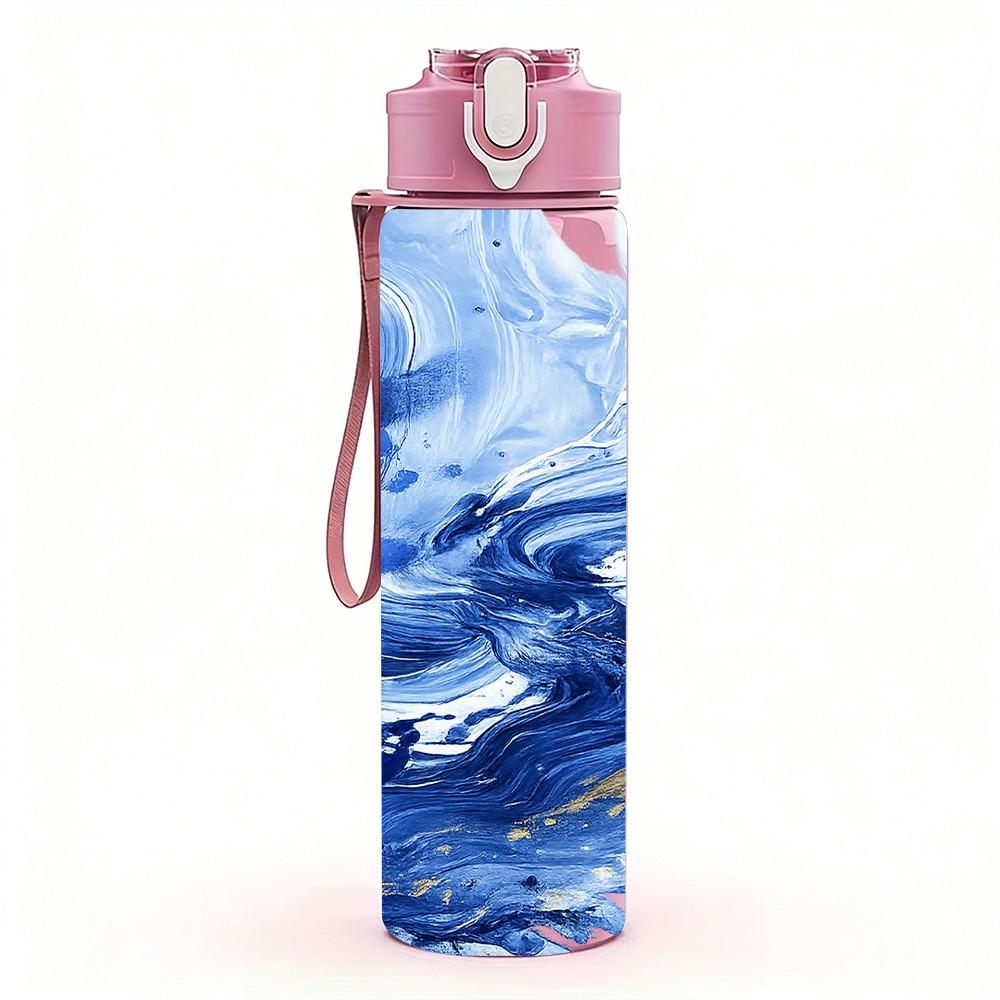 1PC Dark Blue Fluid Paint Pattern 750ml Color Plastic Sports Water Bottle Leakproof Flip Straw Lid Suitable for Sports Office Home Use