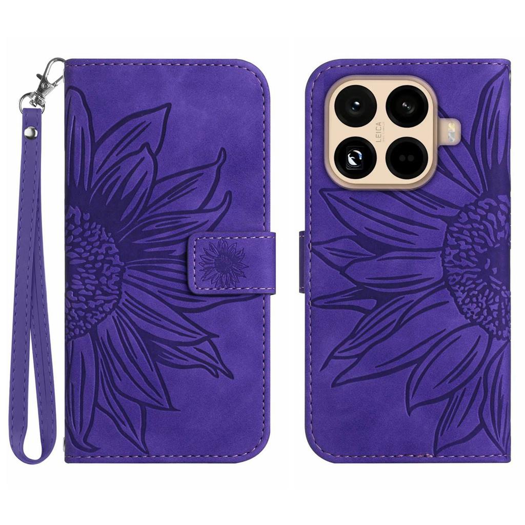 For Xiaomi 15T Pro Case Sunflower Imprint Leather Wallet Phone Cover with Wrist Strap