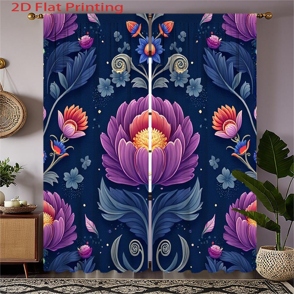 

Set Of 2 Flat Dark Blue Purple Pink Floral Curtains Peonies Birds Semi Textured Window Drapes Navy Pur Curtain Sheer Polyester W100*H70(CM)-Hooks&2PCS