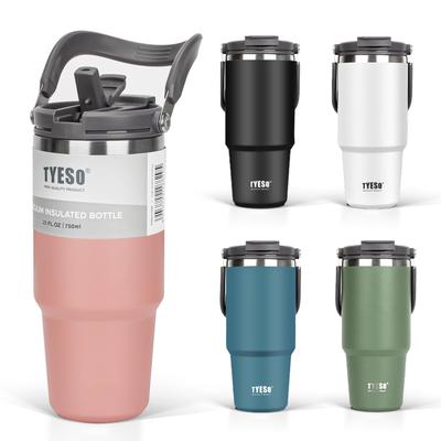 TYESO 750ml Tumbler with Straw, CoffeeWater Bottle, Thermos, Insulated, Handled, Vacuum Insulated, Double-Walled Wall, Wide Mouth, Large Capacity,