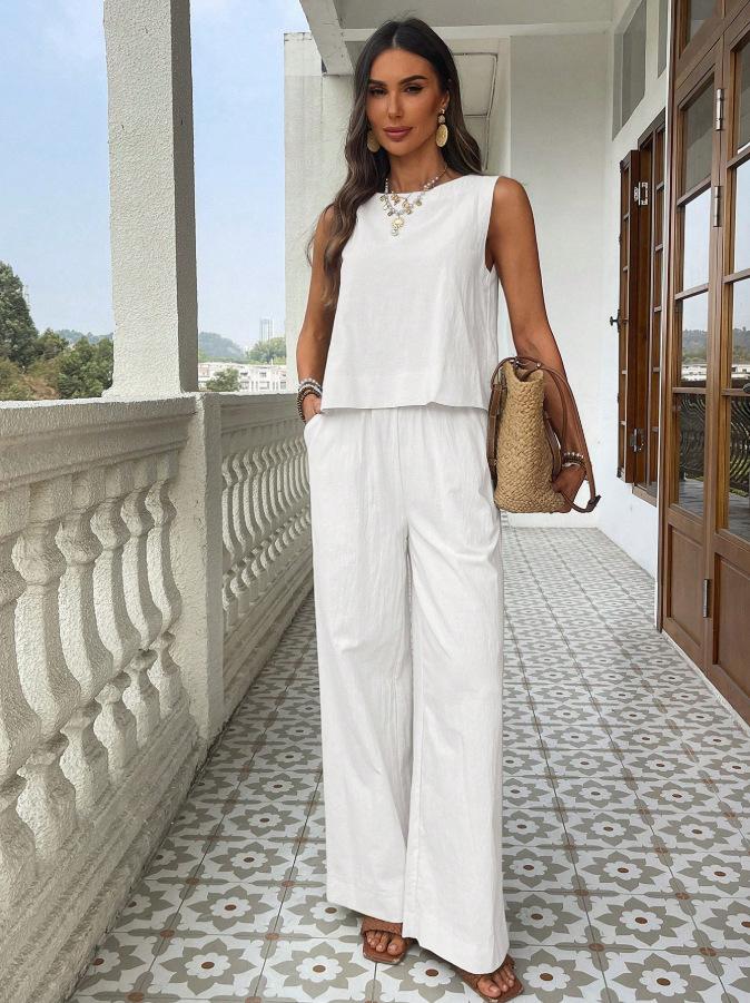 Women's Loose Fit Two Piece Outfit Sleeveless Tank Top High Waist Wide Leg Pantsuit