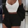 3 Teile/satz Herbst Winter Frauen Mantel Weste Shorts Set Dicken Plüsch Homewear Kleidung Nachtwäsche Mit Kapuze Lange Ärmel Offene Stich Warme Jacke Kordelzug