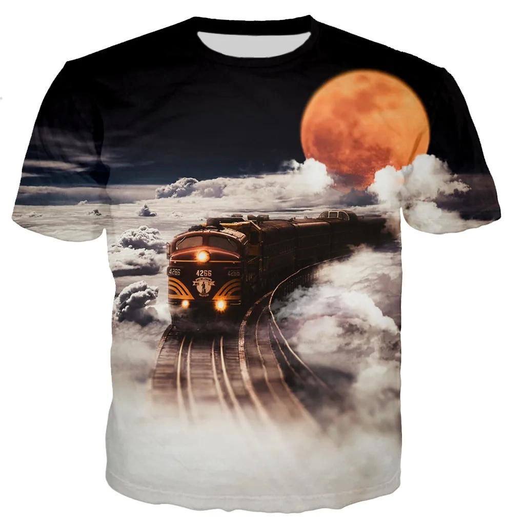 

Fashion Trends Summer New Retro Train Engine Pattern Printed Men s T-shirt Street Fashion Cool Round Neck Plus Size Top S