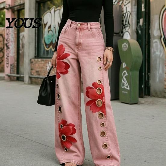 Loose Fit Faux Denim Trousers Women High Waisted Wide Leg Jeans, Vintage Floral Print Relaxed Trousers, Casual Pants with Pockets & Metal Eyelets