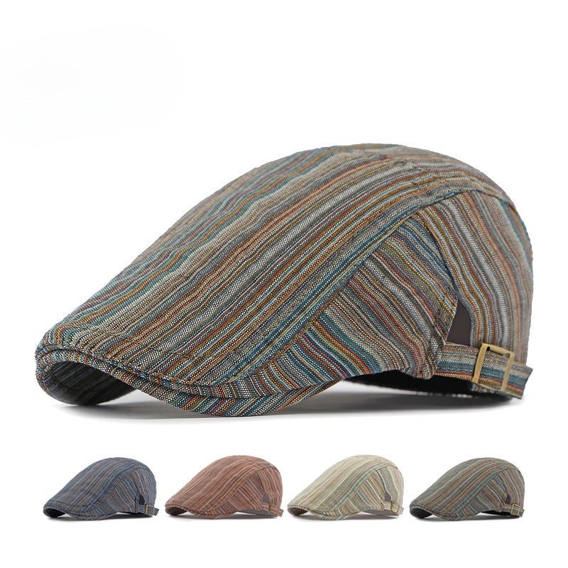 Vintage Ethnic Striped Beret for Men Women British Style Flat Cap Spring Summer Casual Newsboy Hat Adjustable Peaked Cap