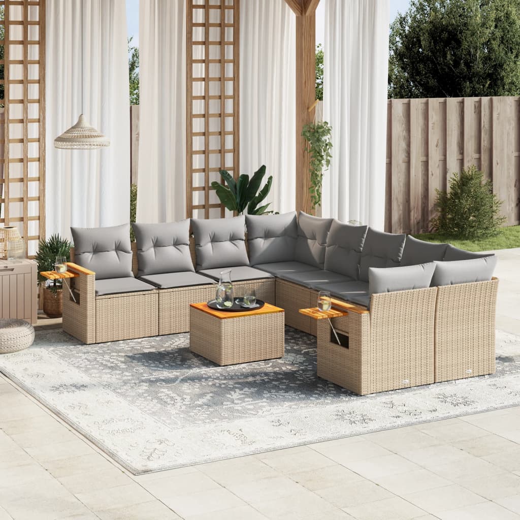 9 piece Garden Sofa Set with Cushions Beige Poly Rattan