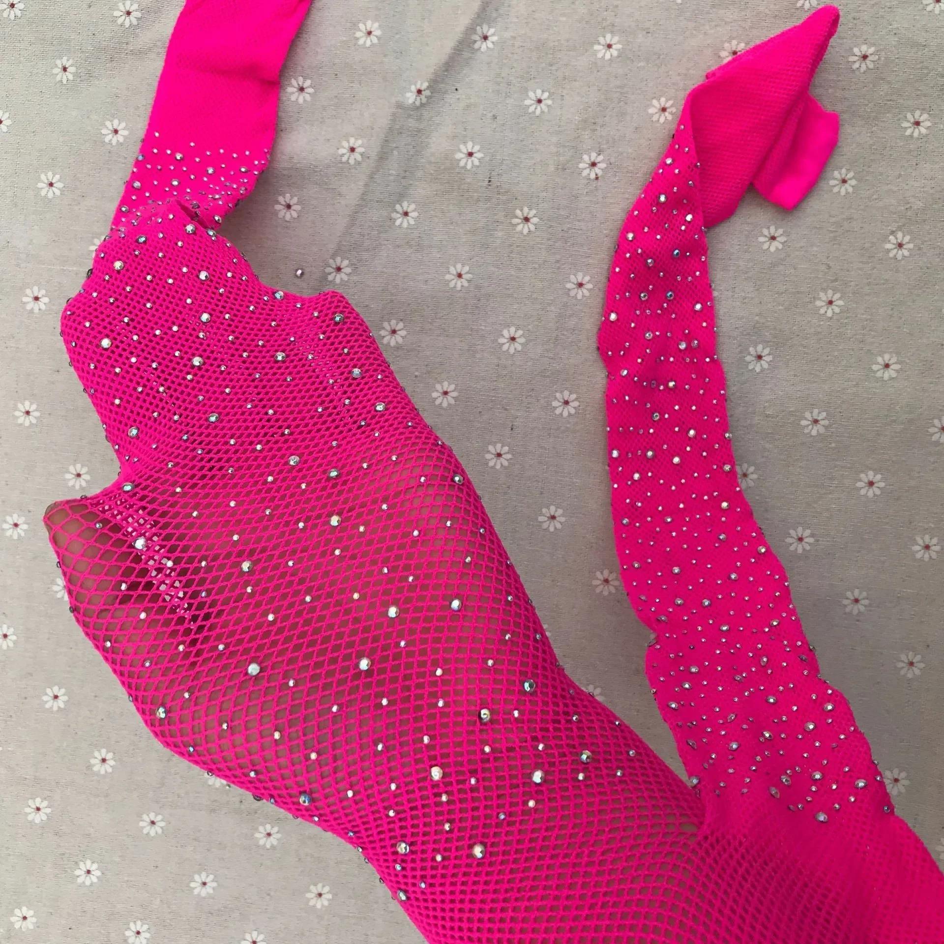Kurze Mädchen-Strumpfhose Party Cosplay Mode Glitzer Strass Netzstrümpfe Damen Lolita Jk Bling Kleine Größe Netzstrumpfhose L pink