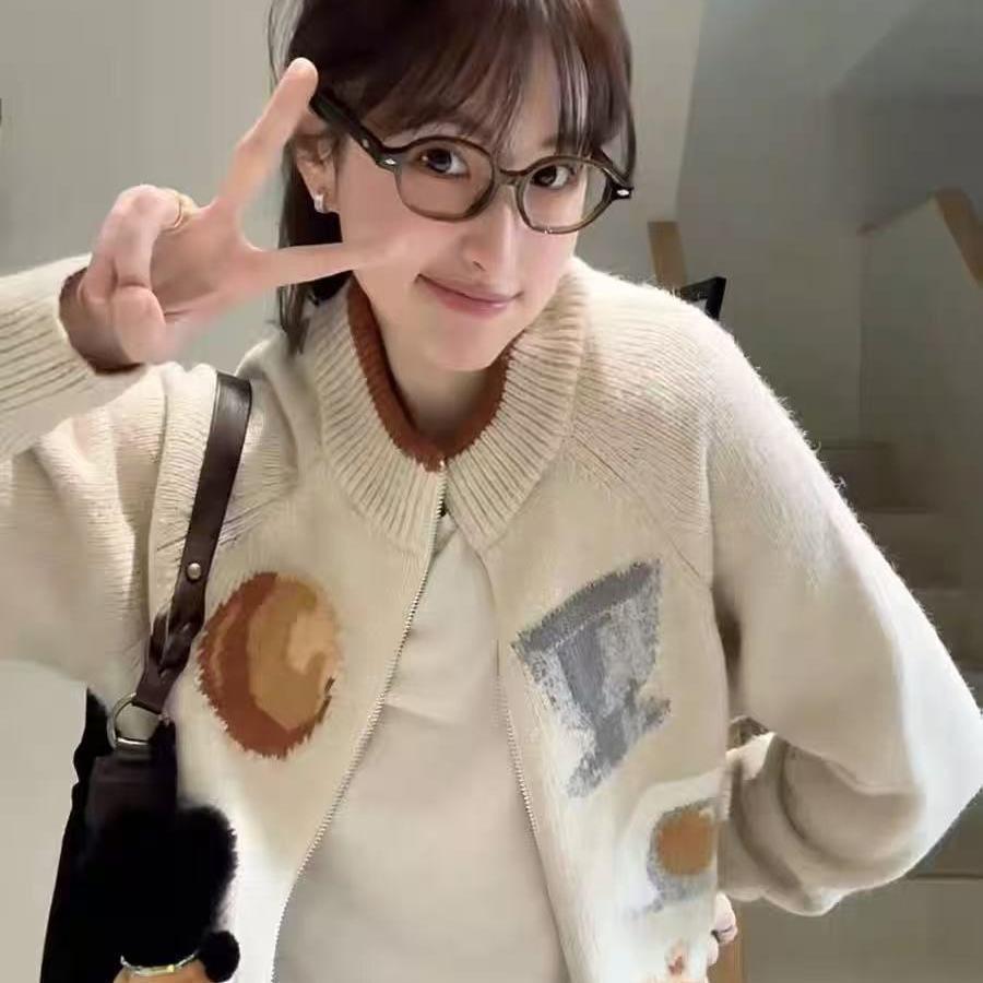 

Korean Style Jacquard Knit Cardigan - Autumn/Winter Zipper Sweater Coat M 80-95 брудно-білий