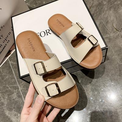 Leather Women's Slippers Summer Women's Casual Slippers with Double Button Ox Tendon Sole Outdoor Non Slip Beach Slippers