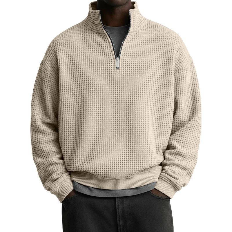 Men S Casual Long Sleeve Stand Collar Zip Up Loose Fit Waffle Sweatshirt