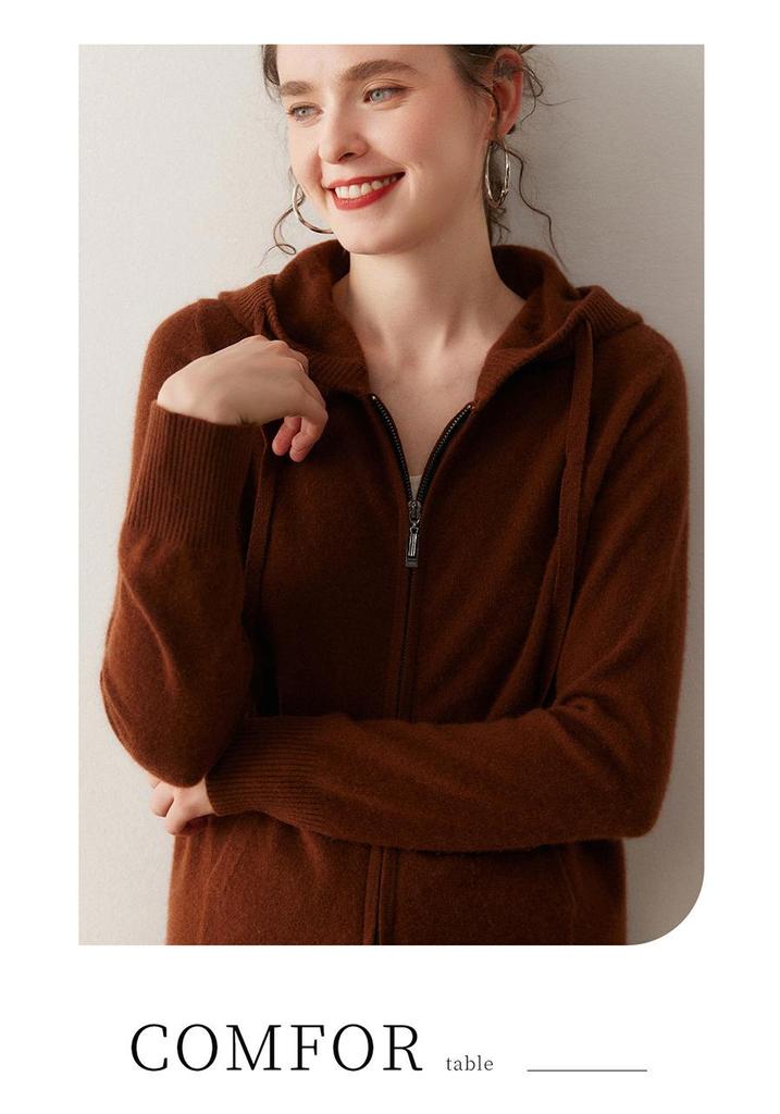 Women's Casual Hooded Cashmere Cardigan with Zipper & Pockets