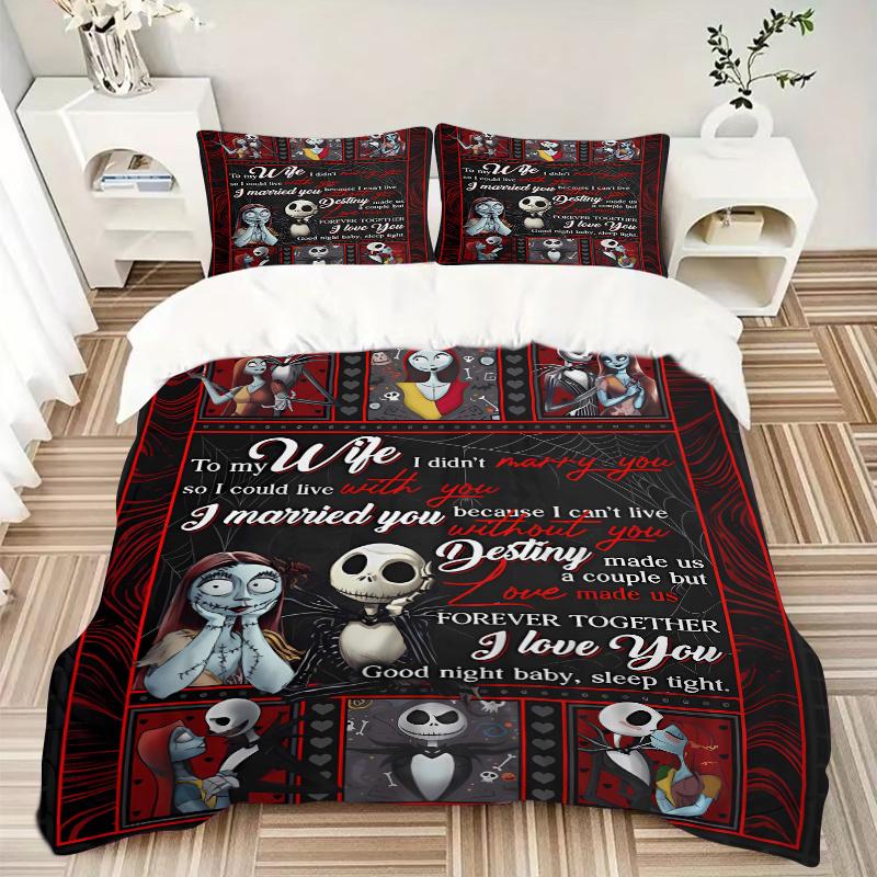 3pcs Jack and Sally To My Wife Bedding Set 1 Soft Quilt Cover + 2 Pillowcases, Machine Washable Suitable for All SeasonsF051