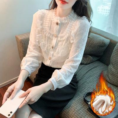 Camisa de Moda de Terciopelo Espesado con Base de Encaje para Mujer En Otoño e Invierno, Nueva Blusa con Cuello Alto, Hermosa Camisa de Gasa