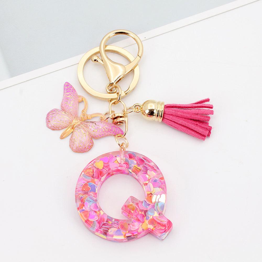 Pink Butterfly Tassel & Resin Sequin Letter Keychain - Backpack Charm for Women