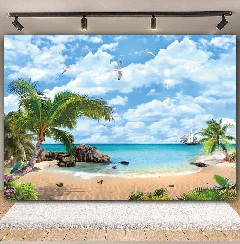 Tropischer Strand Hintergrund für Fotografie Sommer Hawaii Blaues Ozeanwasser Meeresufer Palme Kinder Feiertagsparty Foto Hintergrund Dekoration