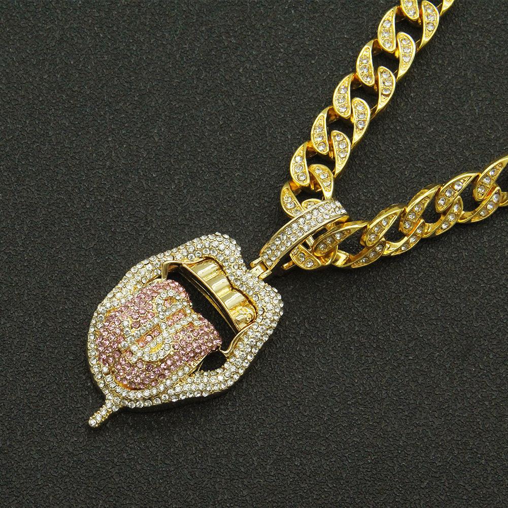 Full Diamond Three-dimensional Dollar Tongue Cuban Chain, Hip-hop Rap Pendant, Eu and American Hipster Decoration Exaggerated Cuban Chain Necklace