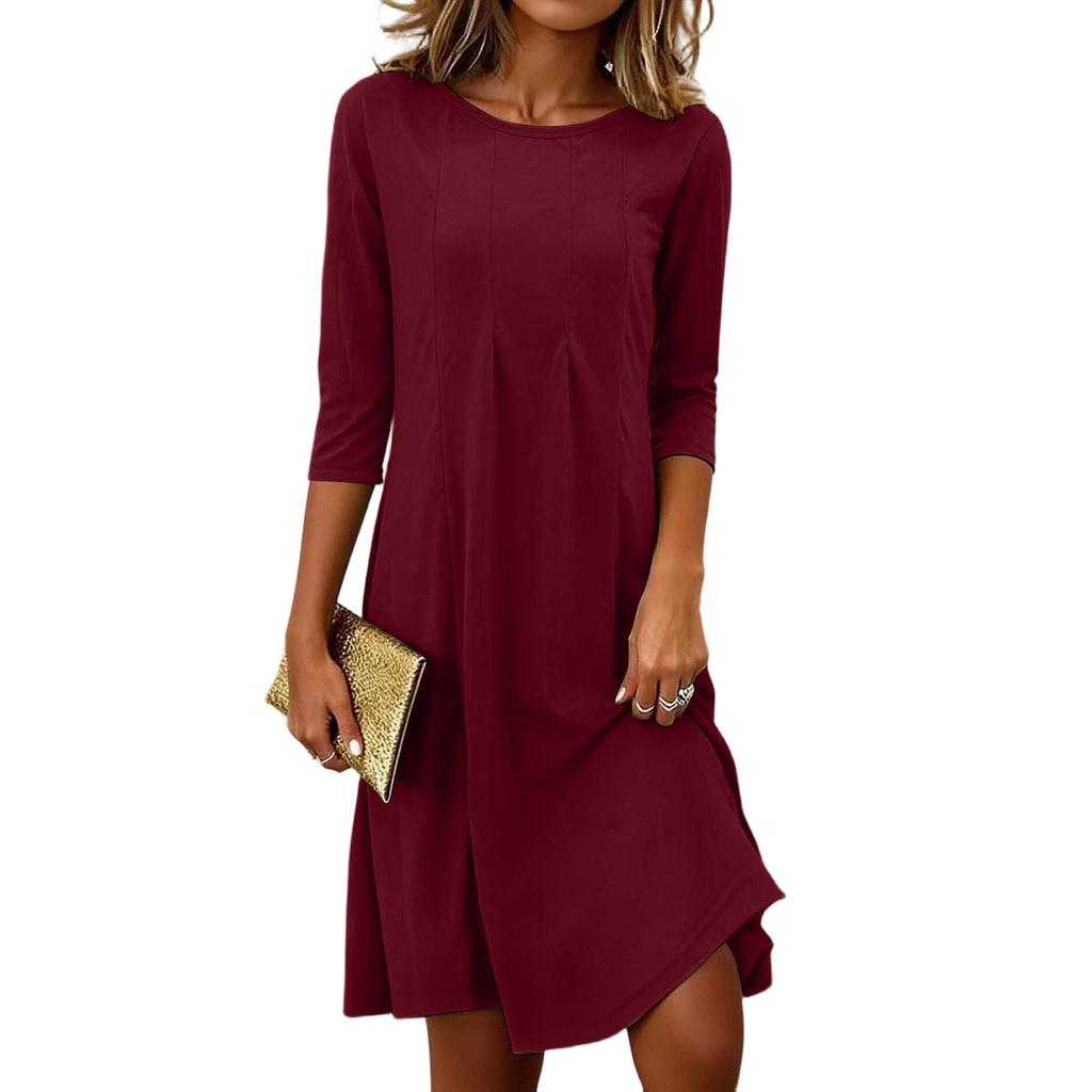 Women's Fashionable And Elegant Pleated Round Neck Three,quarter Sleeve Dress