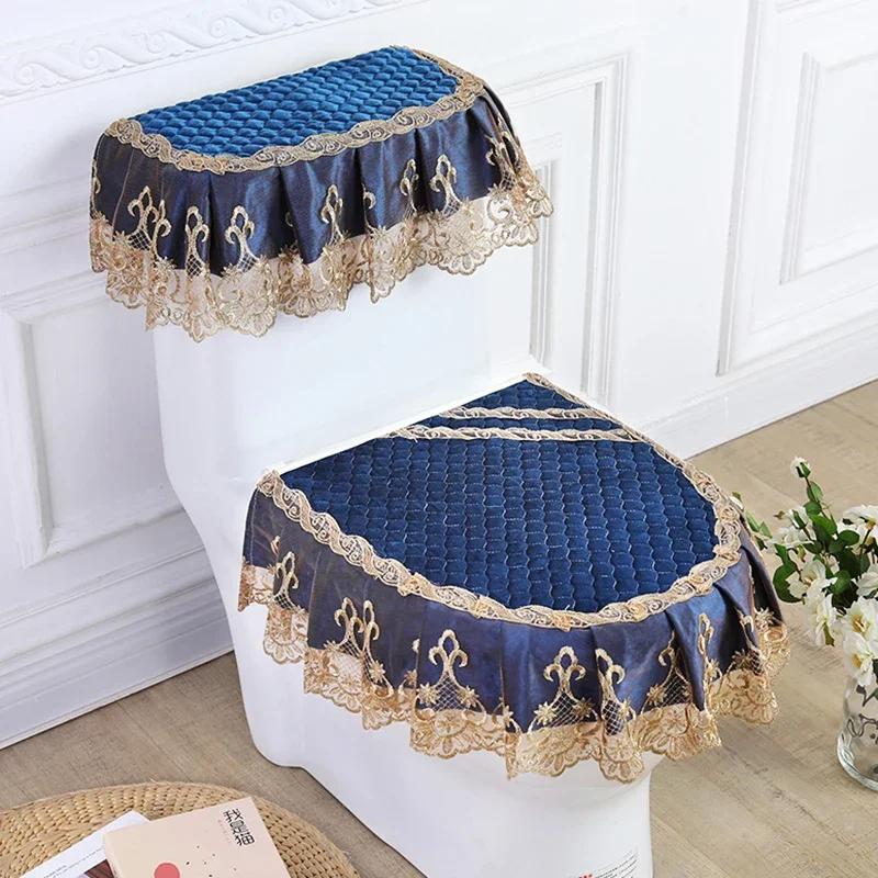 3PCS Velvet Skirt Style Toilet Mat Embroidered Lace Decorated Toilet Seat Mat Printed Dust Cover of Toilet Closestool