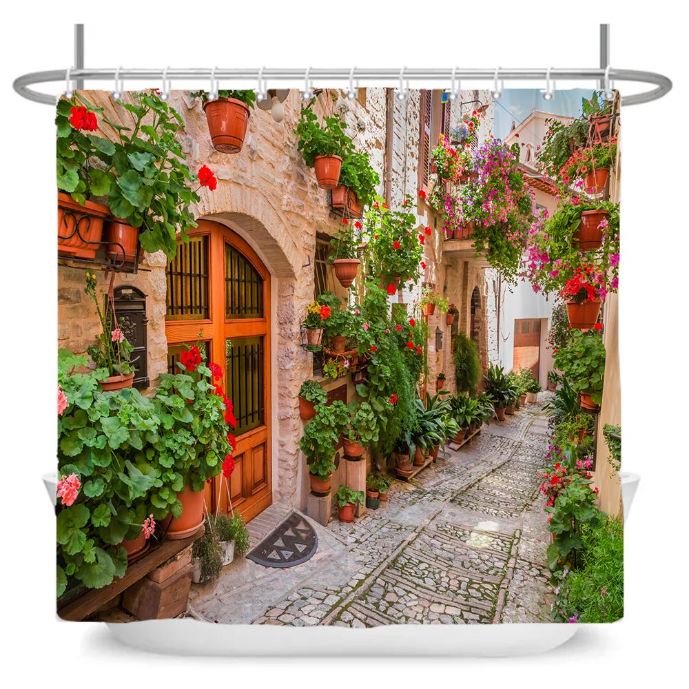Beautiful Pastoral Garden Scenery Shower Curtain Rose Garden Flower Polyester Waterproof Bathroom Shower Curtain Decor Curtain