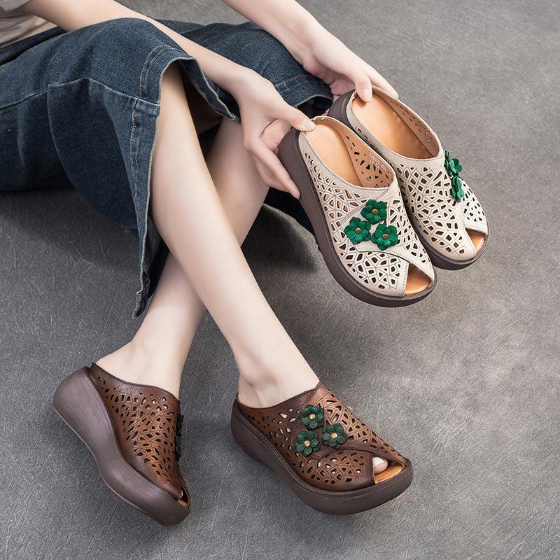 Fashion GKTINOO 2025 Summer Shoes Female Slippers Peep Toe Hollow Out Handmade Genuine Leather Women Platform Wedges Slides