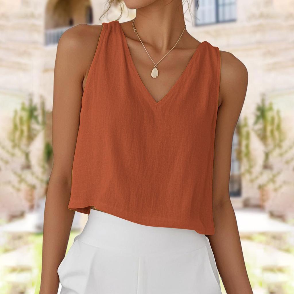 Women's Fashionable Solid Color V-neck Cotton Linen Casual Vest Sleeveless Top