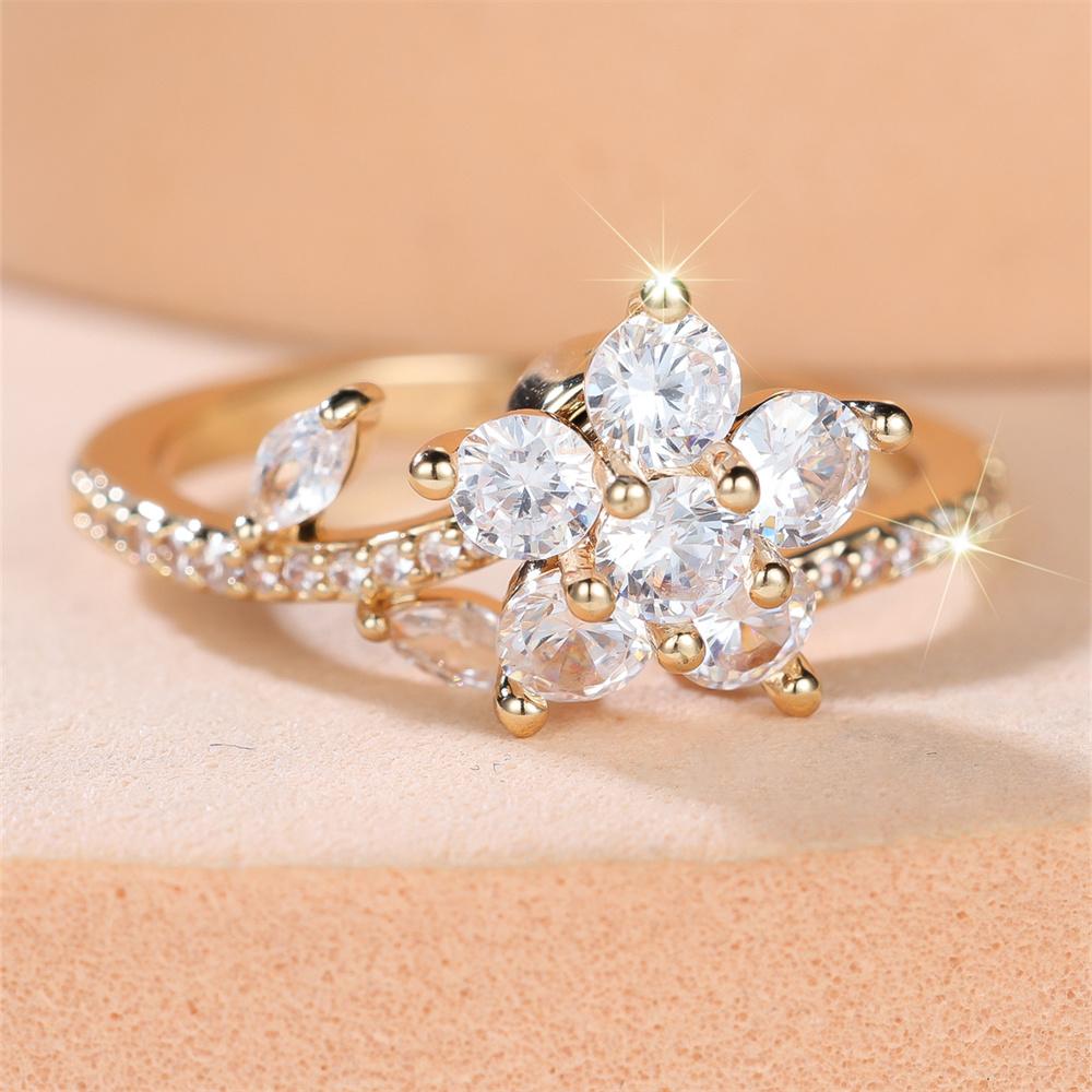 Cute Crystal Flower White Zircon Opening Rings For Women Vintage Gold Color Engagement Ring Wedding Jewelry Valentine'S Day Gift