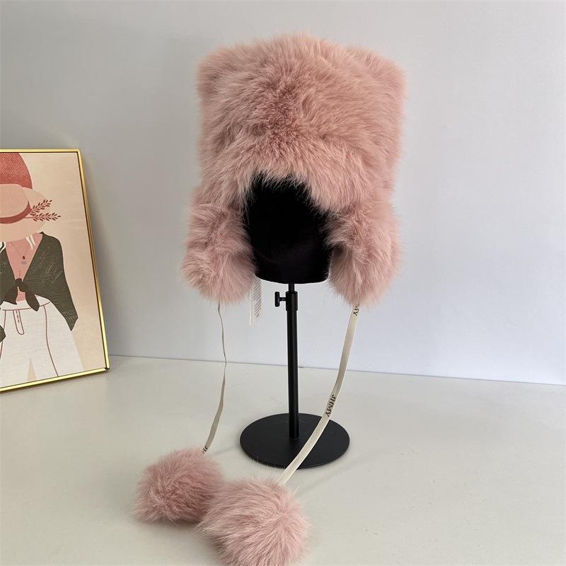 Cute bear-eared Lei Feng hat children's winter warm imitation mink hair ear protection hat cute tail tether hairball plush hat