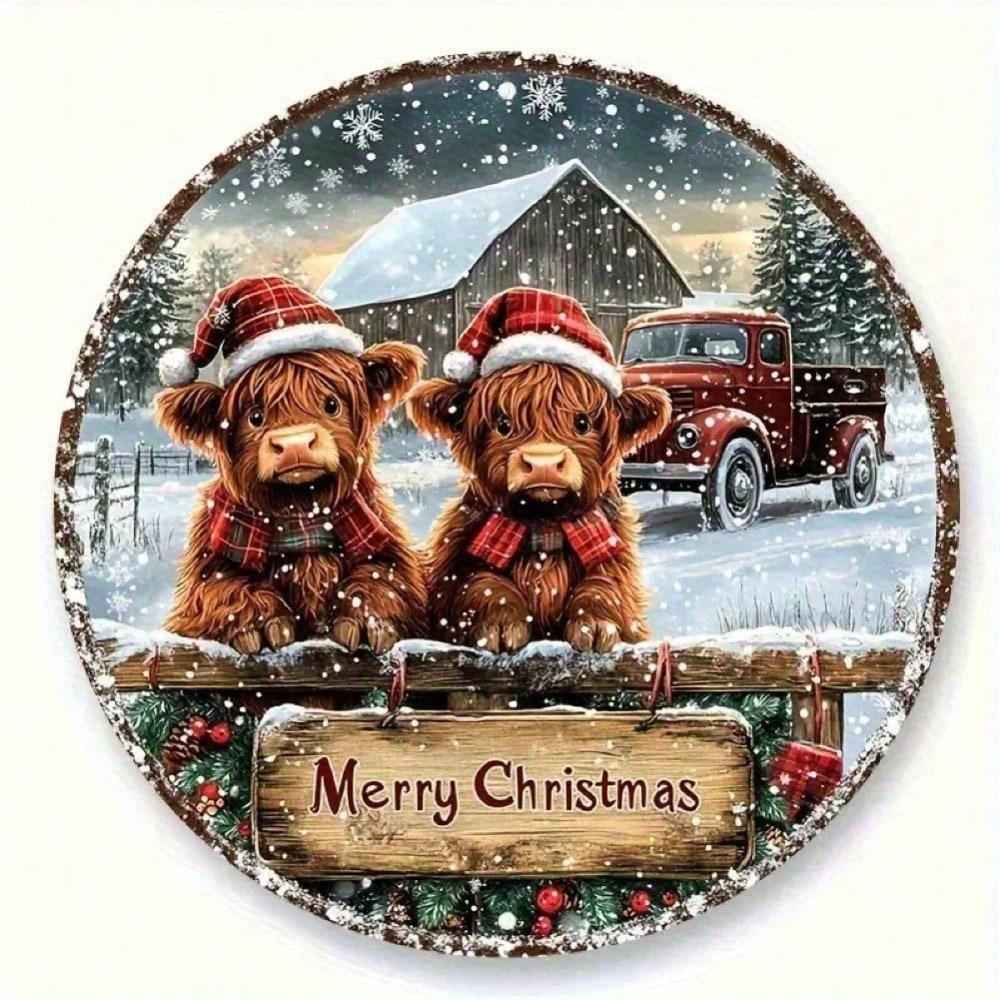 

Metal Wall Art Highland Cow Christmas Sign Rustic Farmhouse Decor with Merry Christmas and Plaid Pattern 20x20 різнокольоровий