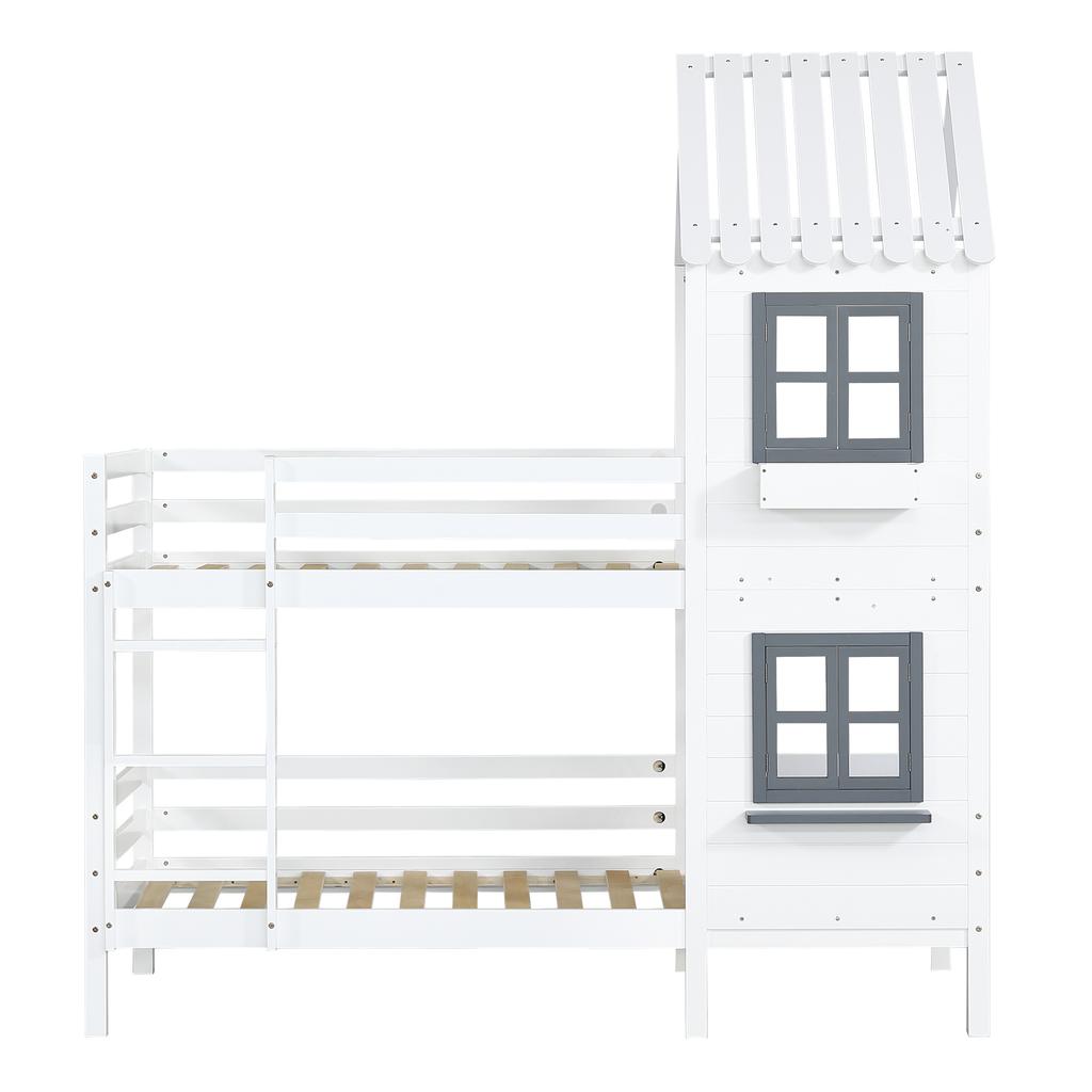 [29590567WAA]Bunk Bed with Handrail and Window, House Bed, Children's Bed with Fall Protection and Guard Rail, Pine Frame, White (90x200cm)