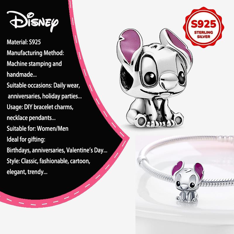 New Disney 925 Silver Winnie & Stitch Charms for Bracelet Necklace DIY Jewelry Gifts Holiday Party