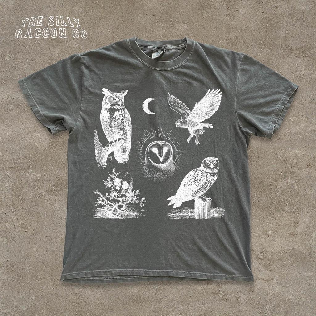 Celestial Owl Faded T-shirt, Dark Academia Comfort Colors® Shirt for Men Women, Goblincore Clothing, Mystical Crescent Moon Top