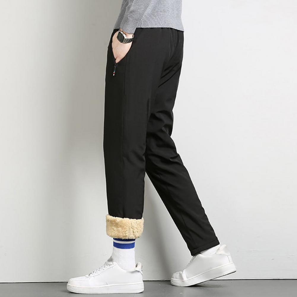 Winter Men Pants Thick Fleece Drawstring Elastic Waist Heat Retention Zipper Pockets Single Color Warm Sport Travel Work Trousers