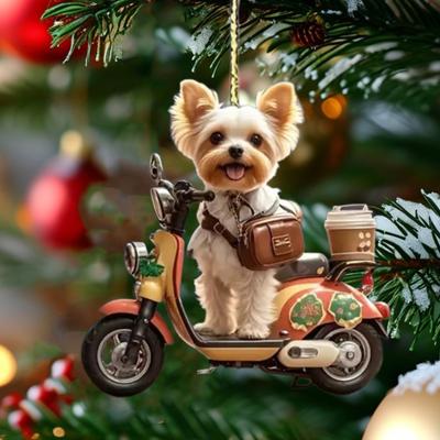 Christmas Decoration Puppy Riding Motorcycle Acrylic Pendant Xmas Tree Hanging Ornament for Holiday Home Car