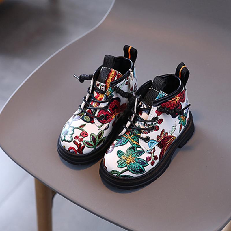 Children's Autumn Boots Retro Versatile Girl Platform Ankle Boots Fashion Embroidered Causal Kids Short Boots Round-toe Non-slip