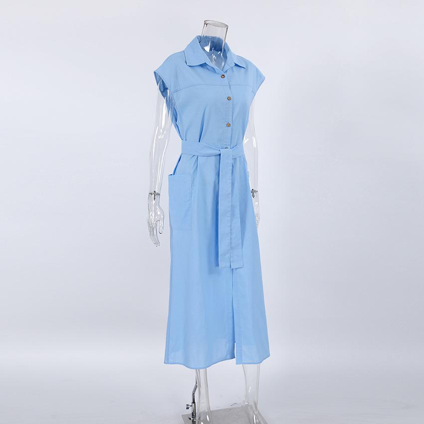 Elegant High Waist Sleeveless Cotton Linen Summer Dress with Turn-Down Collar
