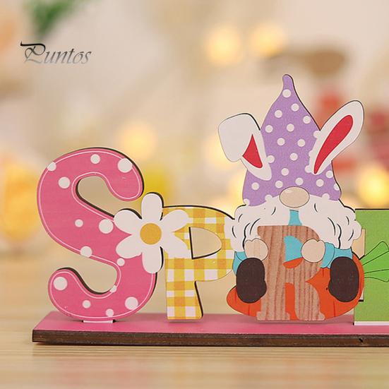 Ornamento pasquale in legno dai colori vivaci, motivo a gnomo con fiore e coniglio, decorazione da tavolo per la casa e le feste.