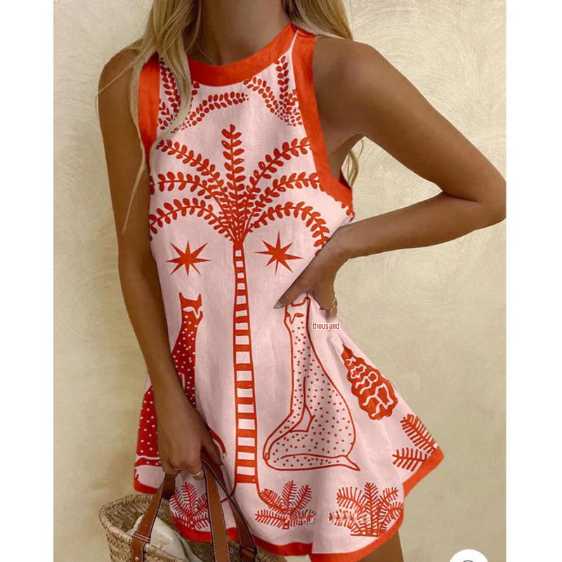 

2025 European & American Printed Linen Sleeveless Mini Dress for Women Medium
