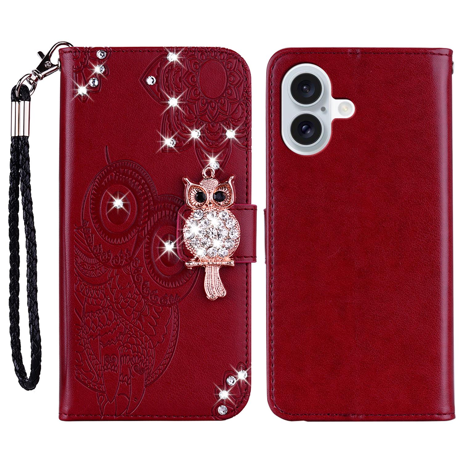 

For iPhone 16 Plus Wallet Case Owl Flower Imprinted Rhinestone Leather Cover Red
