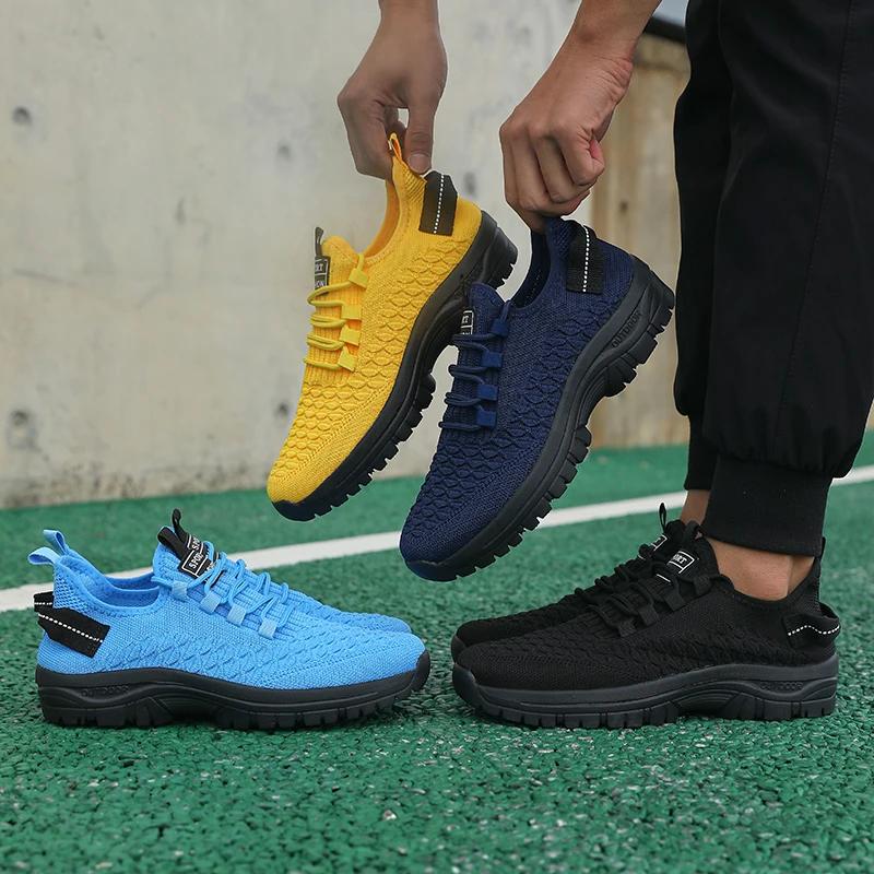 Men'S Bright Yellow Outdoor Sneakers Breathable Mesh Construction Shock Absorbing Sports Shoes Stylish Trendy Adventure Footwear