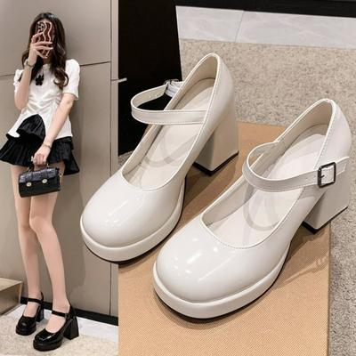 Fashion High Heels Platform Pumps Mujer 2024 Summer New Fashion Buckle Solid Black Shoes Woman PU Leather Waterproof Shoes Femme