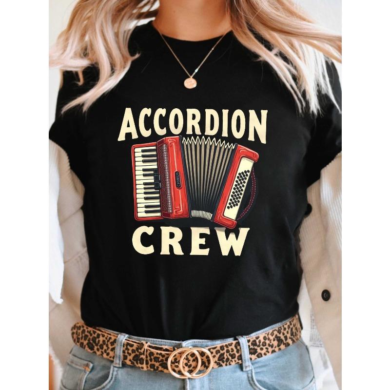 Европейские размеры Футболка с принтом Аккордеон Группа Музыкальный инструмент, повседневный топ с коротким рукавом и круглым вырезом для лета и весны, Женская одежда 4XL чёрный