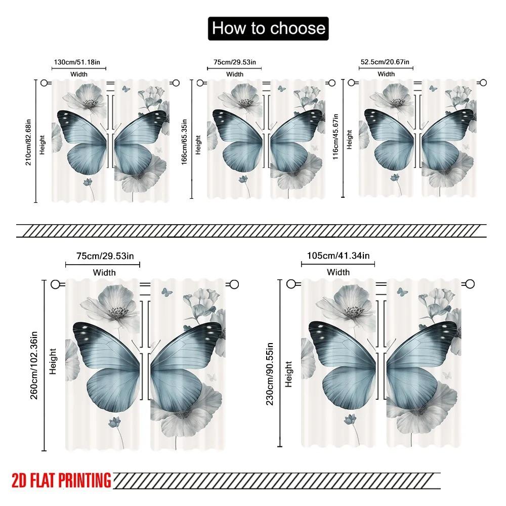 2pc,2D Plane Printing Light Filtering Curtains Blue Butterfly Bliss Durable Polyester (without Rod) Holiday for Bedroom Office