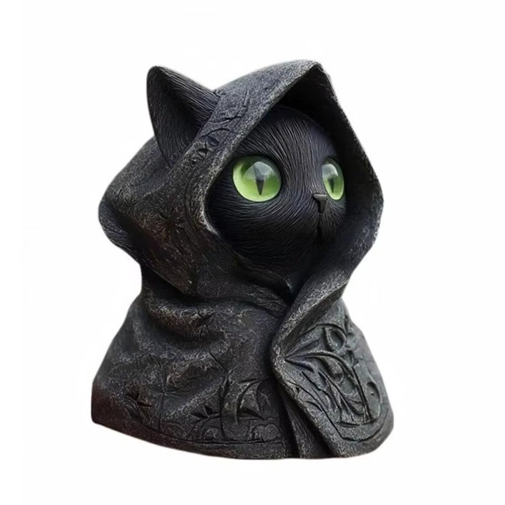 Hooded Cloak Cat Sculpture 3D Printed Cat Ornaments Mystical Cat Statue Halloween Decor Green Eye