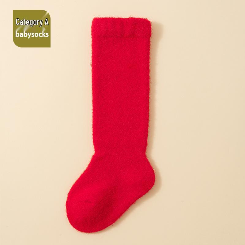 25 Plush Autumn-Winter Newborn Baby Socks, Warm Red for Full Moon & First Year