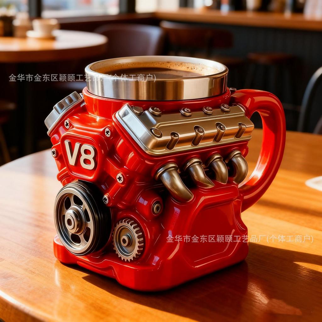 Creative Resin V6 Engine Stainless Steel Mug, 3D Engine Design, Double Wall Insulated Coffee Cup, Unique Gift for Men, 420ML
