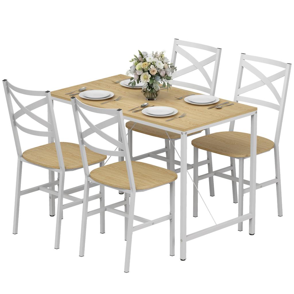 Dining Table Set with 4 Chairs, Natural Wood and White