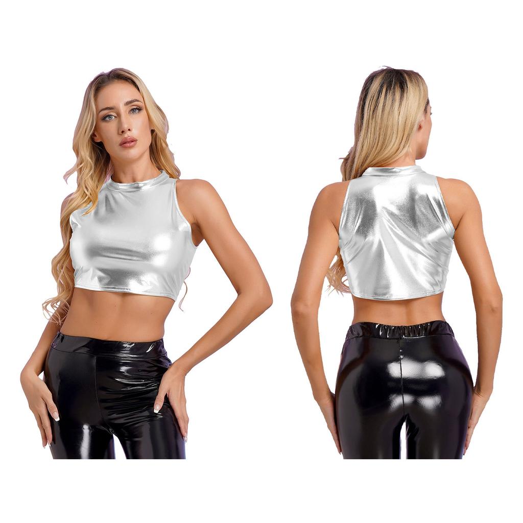 Womens Metallic Shiny Crop Tops Mock Neck Sleeveless Vest Stylish Slim Fitted Tank Top for Dance Nightclub Carnivals