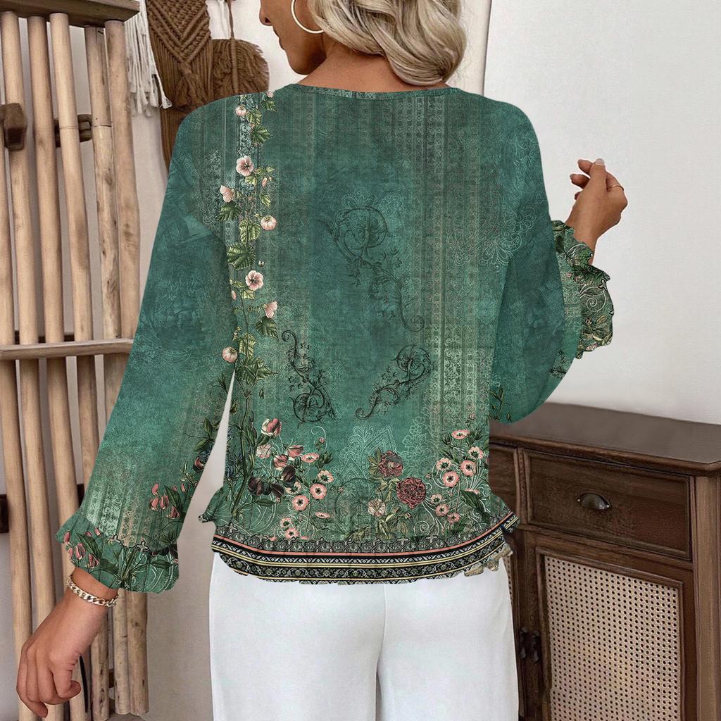 Women's Casual Fashion Ruffle V-Neck Pocket Retro Print Long Sleeve Top