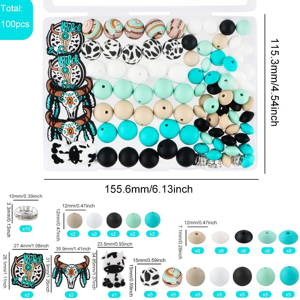 

New 100Pcs/Box Yak Cow Silicone Focal Beads Printed Round Lentil Bead Kits DIY Keychain Bracelet Accessories For Jewelry Making