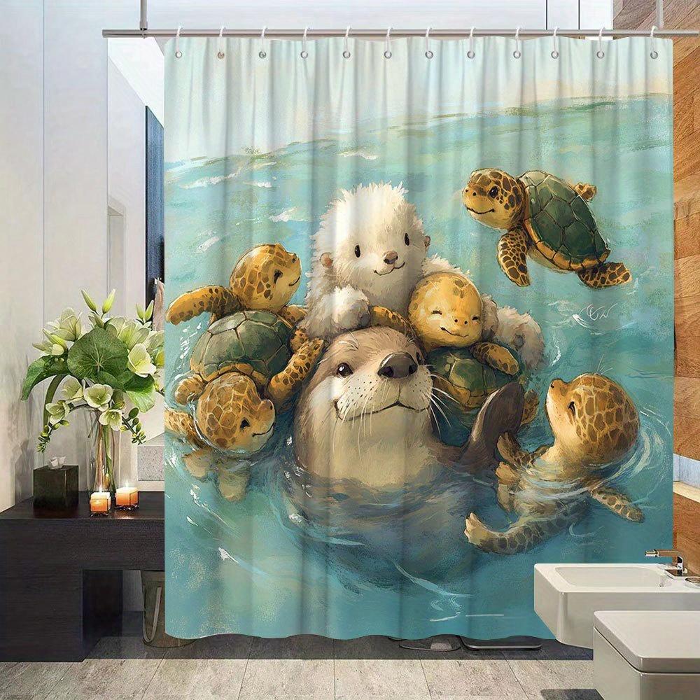 Ocean Animal Theme Shower Curtain - Seal & Turtle Play Pattern, Adds Fun & Natural Ambiance, Polyester Bathroom Decor, 12 Hooks